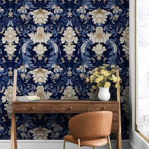 Victorian Damask Wallpaper - Elegant Blue and Gold Luxury Baroque Floral Wall Covering, Vintage Peel and Stick or Classic Fabric Wall paper