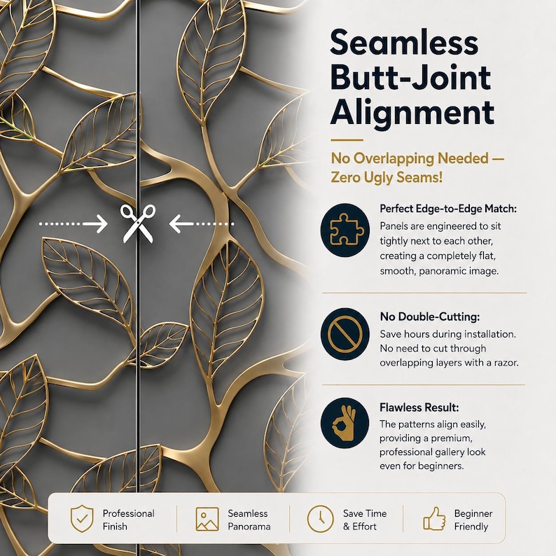 Puede incluir: Un mural con un patr&oacute;n de hojas doradas sobre un fondo gris oscuro. El texto incluye Seamless Butt-Joint Alignment, No Overlapping Needed, Perfect Edge-to-Edge Match, No Double-Cutting y Flawless Result, junto con iconos de instalaci&oacute;n.