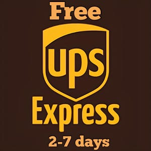 May include: A brown background with the UPS logo in gold and the words "Free Express" in gold. The text "2-7 days" is below the word "Express".