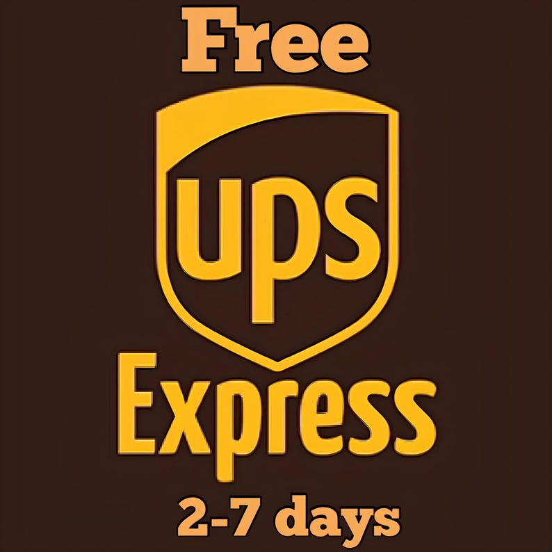 May include: A brown background with the UPS logo in gold and the words "Free Express" in gold. The text "2-7 days" is below the word "Express".