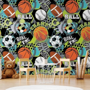 Kids Play Room Sporty Balls Wallpaper for Walls, Peel and Stick or Textured, Teen Room Decor, Boys Sport Mural, Cool Wallpapers for Boys