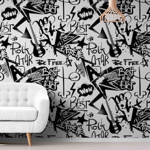 Rock and Roll Graffiti Wallpaper – Black and White Music-Themed Wall Mural for Game Room or Music Room Decor, Peel and Stick or Traditional