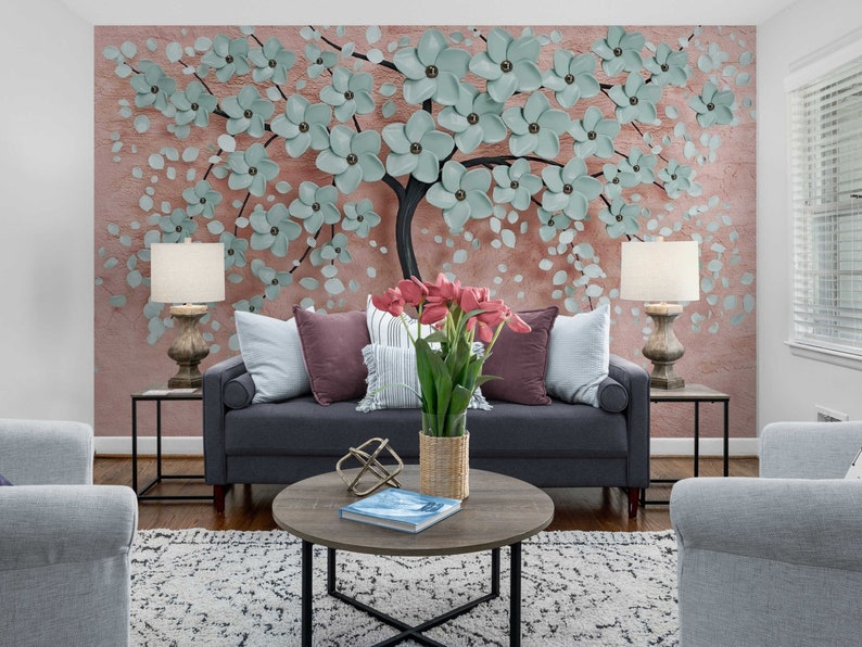 3D Wallpaper Mural Blue Flower Trees Wallpaper Wall Decor Etsy
