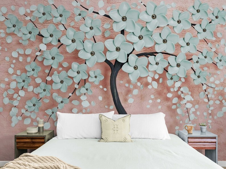 3D Wallpaper Mural Blue Flower Trees Wallpaper Wall Decor Etsy