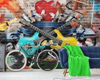 音楽グラフィティ壁画エレキギターストリートアート壁紙レンガポスター