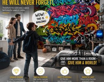 Colorful Graffiti Wall Mural for Teen Boy Room, Urban Street Art Peel and Stick Wallpaper, Concrete Look Photo Wallpaper for Game Room