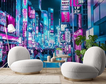Neon Cyberpunk City Wallpaper Mural, Graffiti Wall Art for Gaming Room Bedroom, Peel and Stick Futuristic Interior Accent