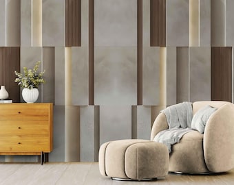 Neutral Geometric Fluted Wallpaper, Modern Beige 3D Wall Decor (Peel and Stick)