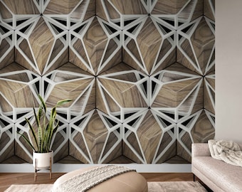Papel pintado de azulejos de madera 3D / Arte mural geométrico autoadhesivo