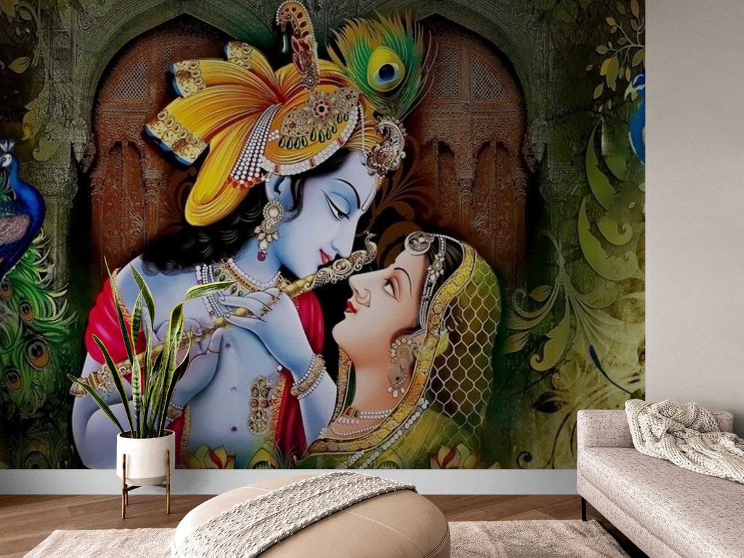 Religion Wall Paper Radha Krishna Painting Wall Mural Peel and Stick Graffiti Wallpaper Hare