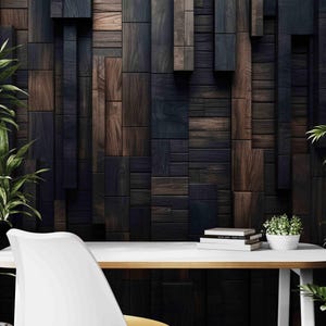 3d wood wallpaper, peel and stick wallpaper, dark wood wall mural, loft style decor, modern accent living room vinyl wallpaper