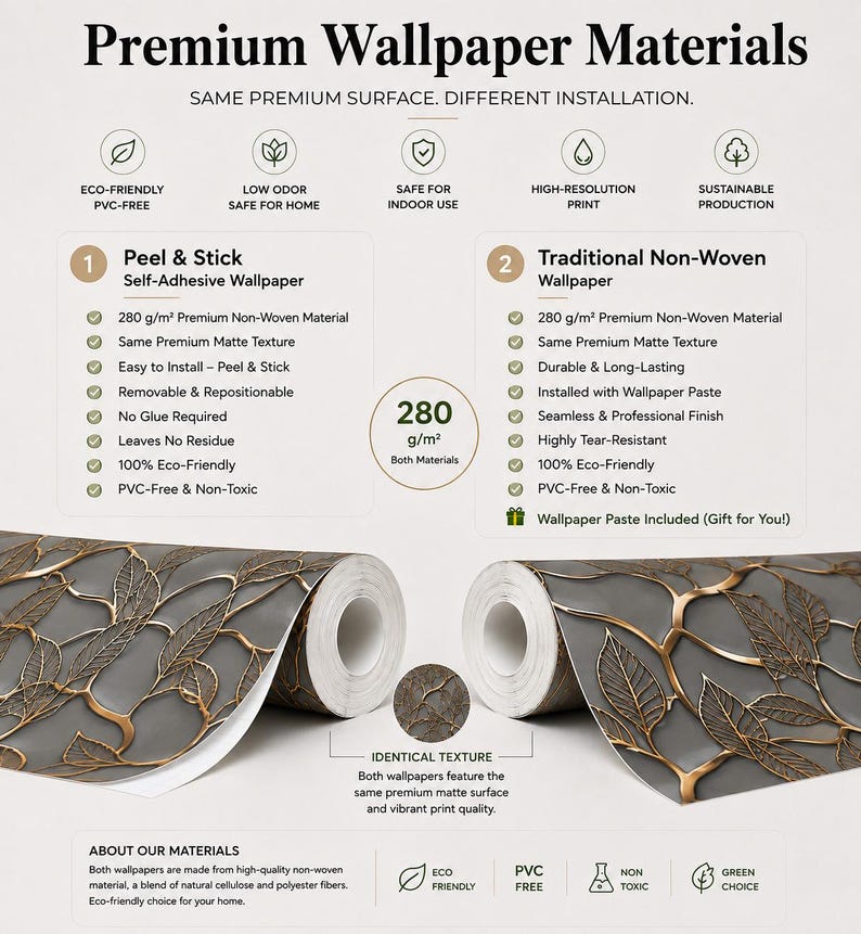 Puede incluir: Una infograf&iacute;a que compara papel tapiz autoadhesivo y tradicional no tejido. Ambas opciones presentan un fondo gris con un patr&oacute;n de hojas y enredaderas doradas met&aacute;licas. El texto detalla especificaciones de material, m&eacute;todos de instalaci&oacute;n y caracter&iacute;sticas ecol&oacute;gicas.