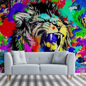 Graffiti Lion Wallpaper Mural – Colorful Abstract Street Art Wall Covering with Roaring Lion – Peel and Stick Removable Mural for Game Room
