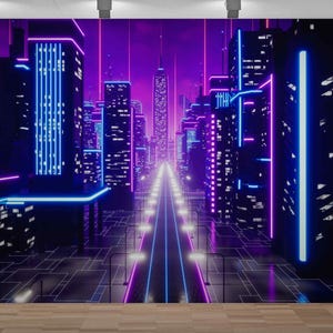 Cyberpunk City Wallpaper – Modern Neon Art Wall Covering, Purple and Blue Neon Wallpaper for Walls, Peel and Stick or Textured Vinyl