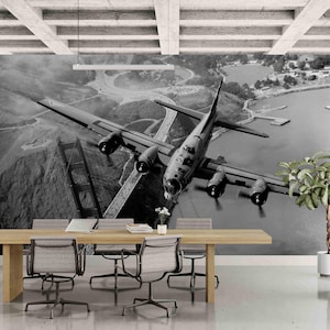 Vintage Airplane Wallpaper Mural Wall Cover, Military aircraft wall decor, Adhesive Peel and Stick Wallpaper, Retro airplane art wall mural