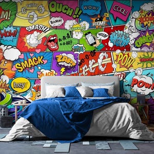 Colorful Pop Art Collage Wallpaper - Custom Peel and Stick Vintage Wall Art Mural Wallpaper, Retro Pop Modern Game Room Wallpaper Decor
