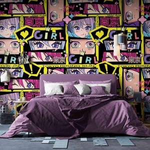 Anime Girl Wall Mural – Tokyo Pop Art Wallpaper with Vibrant Cartoon Style, Japanese Manga Design for Teen Room or Game Room Decor