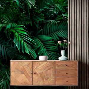 Green Tropical Leaves Wallpaper: Self-Adhesive, Peel and Stick Mural - Transform your space with this removable 3D plant-themed wall decor