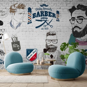 Barber shop mural, men&#39;s salon wallpaper beauty salon wall desig, hairdresser mural men&#39;s grooming wall art modern barber decor peel & stick