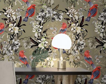 Tropical Bird Floral Wallpaper – Peel and Stick Botanical Wall Mural, Red Parrots and Jungle Flowers – Exotic Removable Wall Art for Home