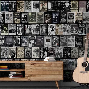 Rock and Roll Graffiti Wallpaper Peel and Stick or Textured Wall paper for Bedroom, Coffee Shop, Retro Music Band, Dark Wallpaper Collage