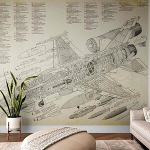 May include: A detailed cutaway illustration of a fighter jet, showing the internal workings and components. The illustration is in black and white and has a vintage aesthetic. The jet is surrounded by various weapons and equipment, including bombs, missiles, and fuel tanks.