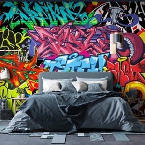 Colorful Mural Graffiti Wallpaper Peel & Stick Street Art Wallpaper Wall Decals Adhesive Wallpaper for Kids Room Removable wallpapers art