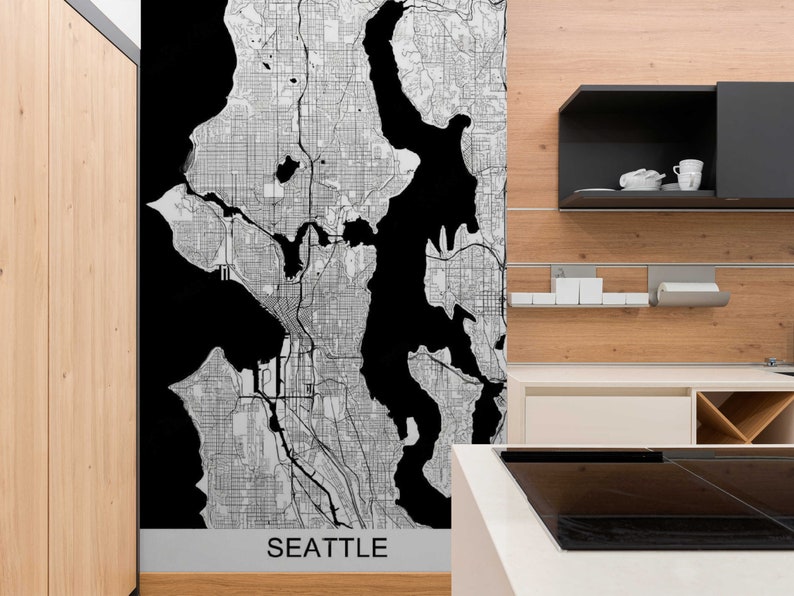 SEATTLE City Map Wallpaper, Modern Wall Art, Map Wall Mural Peel and ...