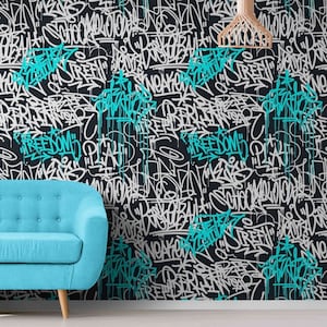 Teal & Black Graffiti Wall Mural - Peel and Stick Urban Street Art Wallpaper, Custom Accent Wall paper Mural, Teen room decoration ideas