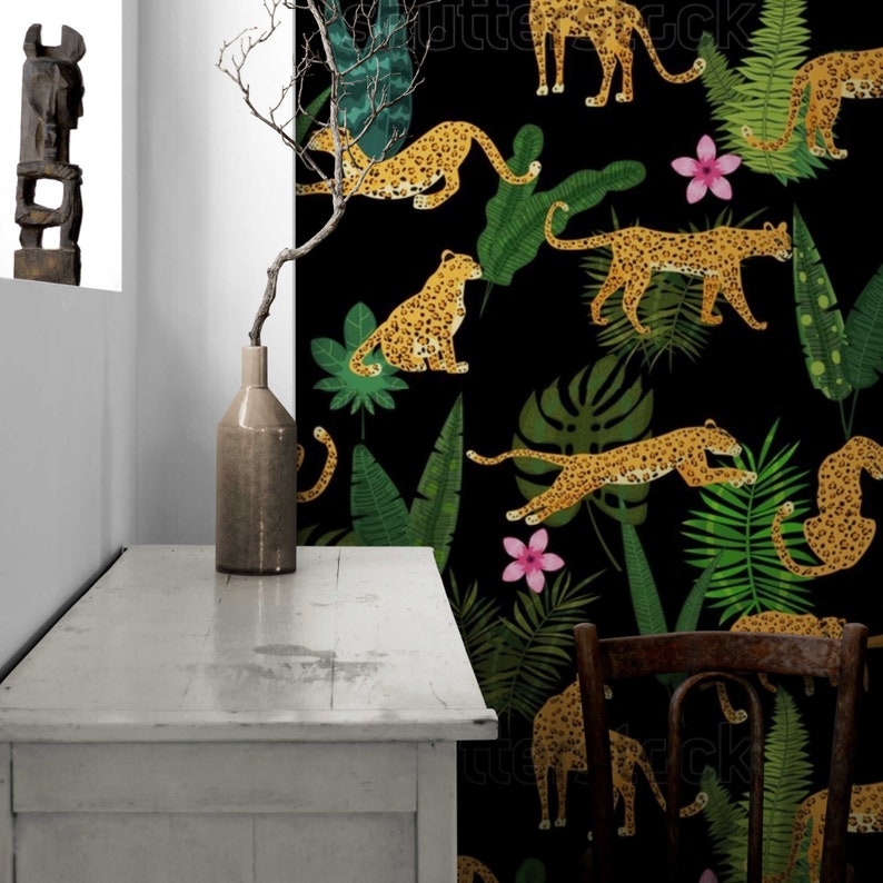 Dark Botanic Wallpaper Cheetahs Animals Tropical Print Etsy