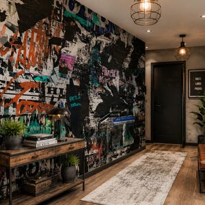 Luxury urban hallway featuring graffiti mural wallpaper with distressed poster collage artwork, industrial finishes and modern loft-inspired interior design.