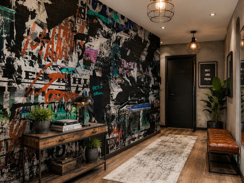 Luxury urban hallway featuring graffiti mural wallpaper with distressed poster collage artwork, industrial finishes and modern loft-inspired interior design.