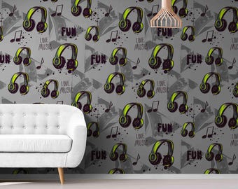 Kids Music Wallpaper, Headphones, Musical Notes, Playroom Wall Covering