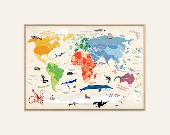 May include: A colorful world map with animals from each continent. The map is divided into continents with different colors. The animals are illustrated in a cartoon style. The continents are labeled in German: Nord- und Mittelamerika, Europa, Afrika, Asien, Australien-Ozeanien, Sudamerika, Antarktis.