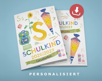 May include: Two white cards featuring watercolor illustrations of a sunflower, a school backpack, a cone, and school supplies. The text reads "S", "SCHULKIND", "2026/2027", and "Constantin". A red download icon is visible in the upper right corner.