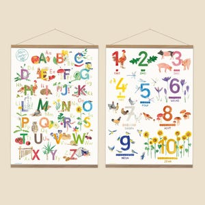 ABC Poster & Zahlenposter für das Kinderzimmer // Lernposter mit Groß- und Kleinbuchstaben // Zahlen im Montessori Farbkonzept // DIN A3