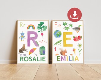 May include: Two framed educational alphabet posters featuring the letters R and E. The R poster includes a rainbow, robot, radish, seal, umbrella, and backpack with the name ROSALIE. The E poster shows a globe, duck, strawberry, squirrel, and ice cream with the name EMILIA.