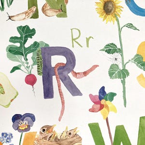 May include: A watercolor illustration of the letter R with a purple background and a red worm crawling around it. The letter R is surrounded by other nature-themed illustrations, including a sunflower, a radish, a pinwheel, and a bird's nest.