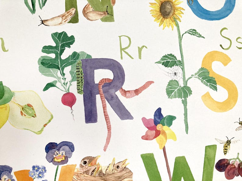 May include: A watercolor illustration of the letter R with a purple background and a red worm crawling around it. The letter R is surrounded by other nature-themed illustrations, including a sunflower, a radish, a pinwheel, and a bird's nest.