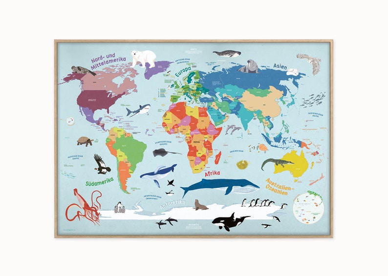 Weltkarte für Kinder mit allen Ländern und Kontinenten // Din A1 // politische Karte Bild 2