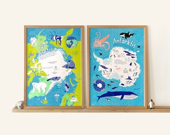 Arktis-Antarktis, Risograph Kunstdruck, Poster Din A3, Karte Nordpol-Südpol, Kinderzimmer