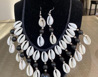 Handmade Cowrie Shell Necklace and Dangling Earrings Set