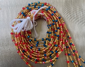 Red & Gold Crystal Waist Beads: African Belly Chain, Plus Size Body Jewelry