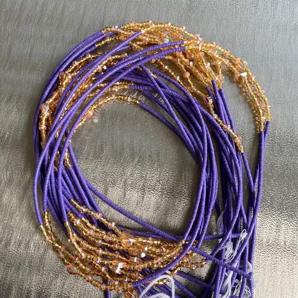 Purple and Gold Waist Beads, Ghana waist beads, African waist beads, Weight Tracker, purple waist beads, Belly chain. Plus Size waist beads