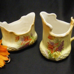 1630 Antique Ceramic Tulip Floral Decal Sugar Bowl and Creamer Set