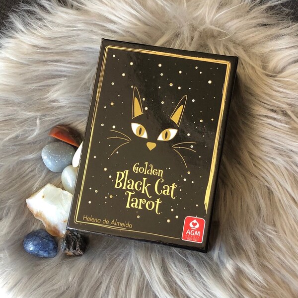 Golden Black Cat Tarot Card Deck and Physical Guidebook Set By Helena de Almeida