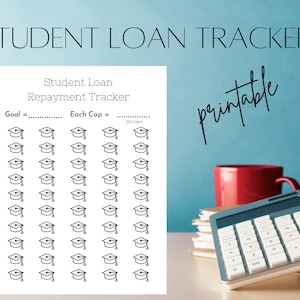 May include: A printable student loan repayment tracker with a goal and a cap. The tracker features 50 graduation caps to color in as you pay off your student loans.