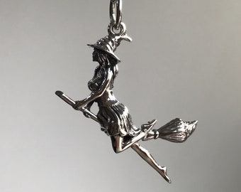 Sterling Silver Witch Pendant: Halloween Broomstick Necklace