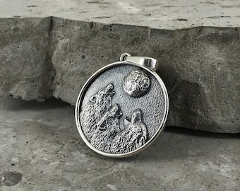 Oxidized Sterling Silver Wolf & Crescent Moon Pendant: Animal Jewelry