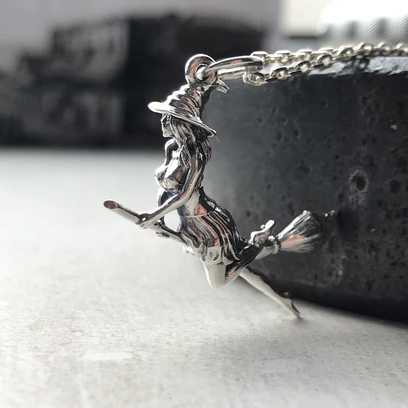 Sterling Silver Witch Pendant: Halloween Broomstick Necklace - Etsy